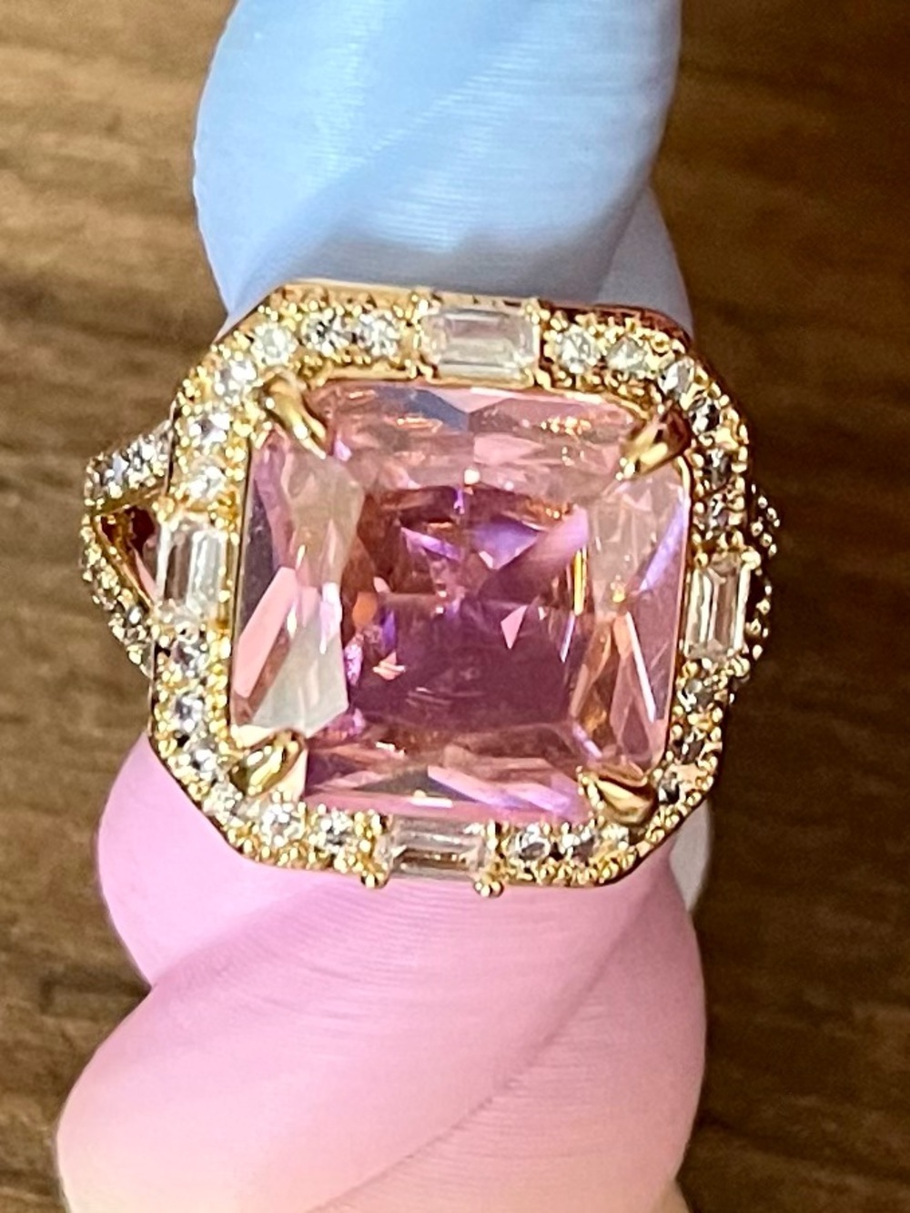 BP Late Sunset Glow Ring Gold Pink Cushion-Cut Halo Ring with Pavé Accents